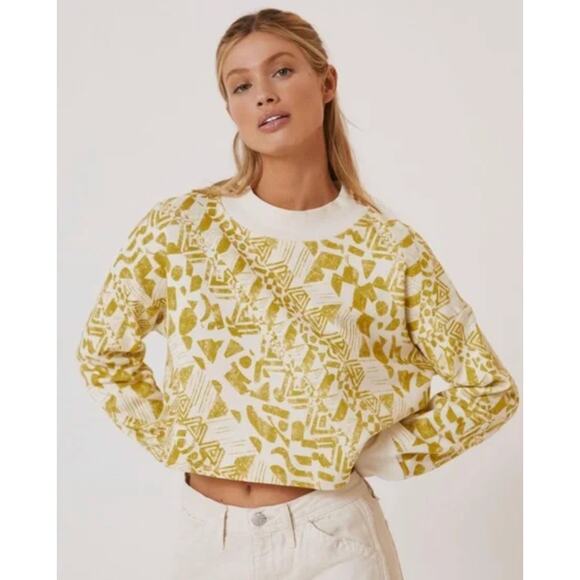 Anthropologie Amadi Printed Crop Sweatshirt Chartreuse - Picture 1 of 6